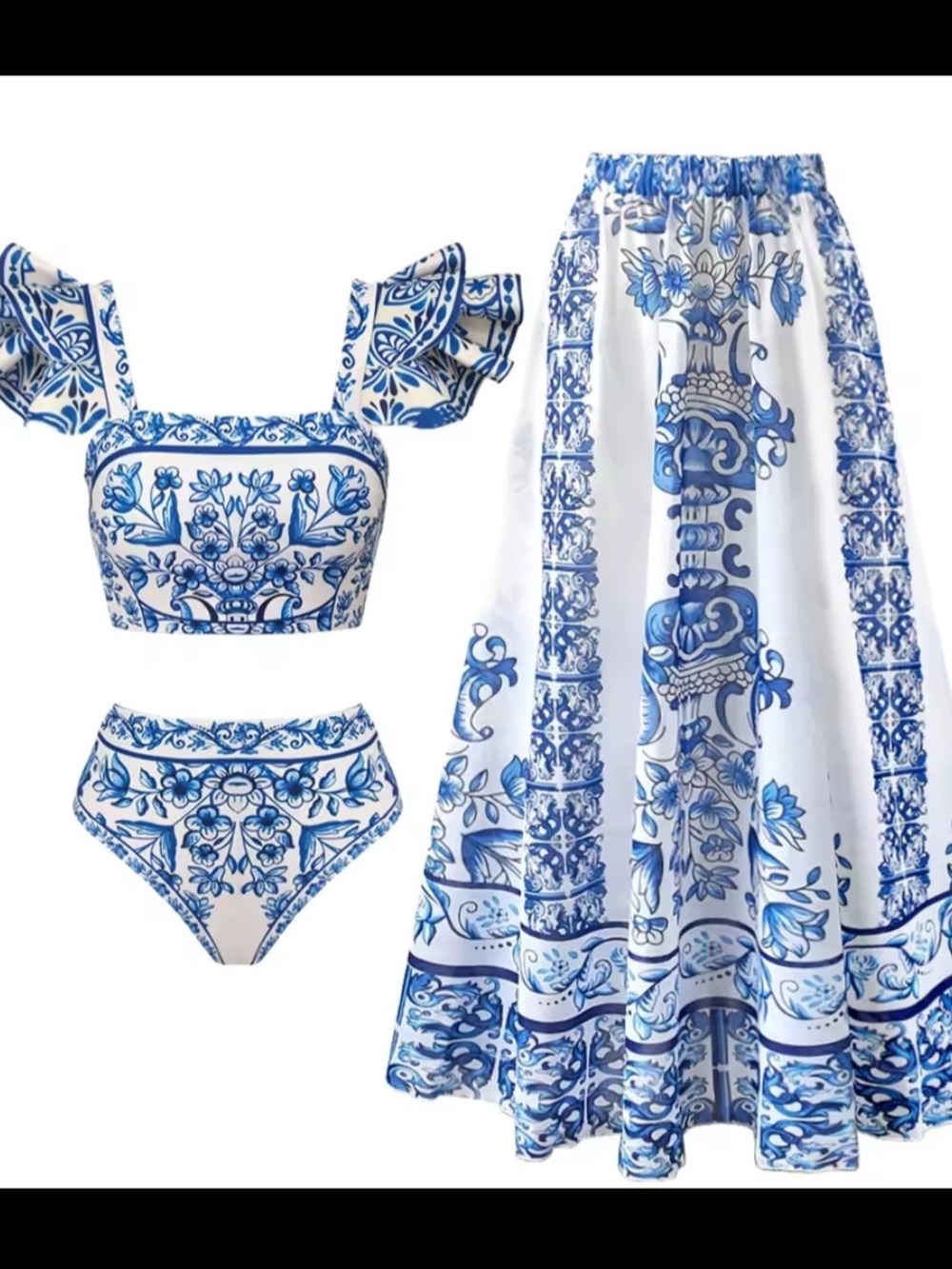 Blue & White Floral Tile Print Swim Set with Matching Coverup